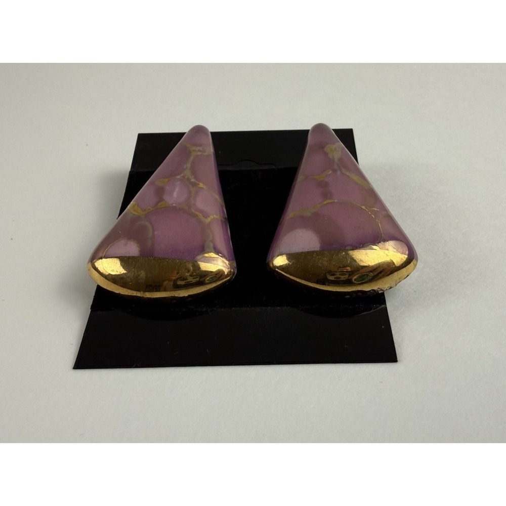Vintage 80s Pink Gold Marbled Ceramic Triangle Statement Pierced Retro Earrings - Picture 4 of 9
